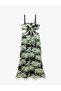 Viscose Fabric Palm Patterned Long Dress with Window Detail and Straps - 6