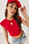 Women's Red Crew Neck Short Sleeve Basic Camisole Crop Top T-Shirt 60602044