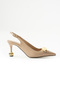 Beige Vegan Leather 7cm Thin Heeled Women's Stiletto |   Elegant Gold Detailed Stylish Office & Event Shoes - 6