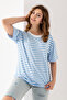 Women's Blue White Striped Oversize Short Sleeve Viscose Combed Cotton Blouse - 3