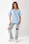 Women's Blue White Striped Oversize Short Sleeve Viscose Combed Cotton Blouse - 2