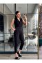 Women's Woven Fabric Double Breasted Neckline Zero Sleeve Jumpsuit with Belt - 4