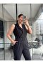 Women's Woven Fabric Double Breasted Neckline Zero Sleeve Jumpsuit with Belt