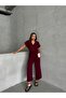 Women's Burgundy Button Detailed Belted Jumpsuit - 4