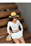 Women's Ecru Open Collar Snap Detailed Long Sleeve Crop Ribbed Knitted Blouse 29128 - 2