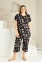 Black Floral Mother's Tunic Plus Size Capri-Battal Size Lace Detail Short Sleeve Pajama Set - 3