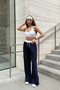 Women's Navy Blue Elastic Waist Wide Leg Sweatpants - 3
