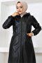 Long Hijab Leather Trench Coat-Cap Black 1250 - 3