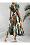 Women's Short Sleeve Double Breasted Collar Elastic Waist Patterned Maxi Length Single Jersey Dress - 3