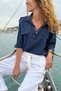 Italian Navy Blue Buttoned Collar Safari Linen Loose Woven Blouse with Double Flap Pockets and Epaulettes 70 63 - 2