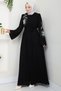 Pearl-Embellished Floral Motif Belted Ferace Black HM2720 - 2