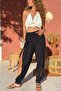 Black Slit Dirty Stitched Elastic Waist Elastic Leg Muslin Woven Trousers 95 30