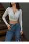 Women's Gray 100% Cotton Open Collar Buttoned Ribbed Knitted Blouse 29125