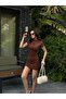 Women's Brown Sandy Fabric Mini Dress with Drawstring Detail 29123