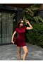 Women's Burgundy Sandy Fabric Mini Dress with Drawstring Detail 29123 - 5