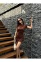 Women's Brown Sandy Fabric Mini Dress with Drawstring Detail 29123 - 2