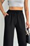 Women's Black Linen Wide Cut Trousers with Elastic Waist - 5