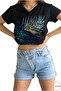 Women's Leaf Sequin Sequin Embroidered 100% Cotton Black V-Neck T-Shirt S-M-L - 3