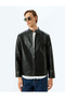 Zippered Faux Leather Jacket with Judge Collar Pocket Detail - 3