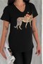 Women's Black V-Neck Leopard Sequin Embroidered 100% Cotton T-Shirt - 6