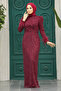 Sequined Burgundy Hijab Evening Dress 23210Br - 3