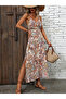 Women's Rope Strap V-Neck Printed Slit Single Jersey Long Dress - 2
