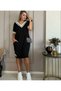 Women's Short Sleeve V-Neck Rib Detailed Pocket Knee Length Viscose Dress - 3