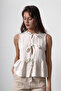 Beige Front Tie Detailed Gathered Crop Woven Blouse Twoss25Bz00156
