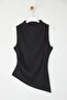 Siyah Büzgü/Drape Detaylı Fitted/Vücuda Oturan Asimetrik Örme Bluz TWOSS25BZ00388 - 5