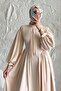 Belted Collar and Sleeves Balloon Beige Dress - 2