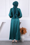 Emerald Green Balloon Sleeve Stone Satin Evening Dress - 3