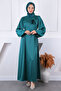Emerald Green Balloon Sleeve Stone Satin Evening Dress