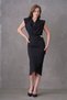 Women's Stretchy Crepe Fabric Shoulder Padded Wrap Cut Shiny Buckle Decorated Collar Midi Black Dress 77119 - 8