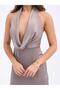 Women's Degaje Collar Stylish Evening Dress-Mink - 4