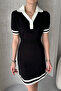 Black and White Knitwear Shirt Collar Short Dress - 3