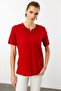 Women's Red T-Shirt Open Collar Embroidery Embroidered - 2