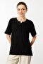 Women's Open Collar Lace Flower Embroidered Combed Cotton T-Shirt Black - 6