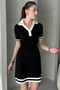 Black and White Knitwear Shirt Collar Short Dress - 2