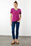 Women's V-Neck Collar Embroidered Cotton T-Shirt Fuchsia - 5