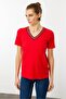 Women's V-Neck Embroidered T-Shirt Red - 5