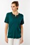 Women's Open Collar Embroidered Combed Cotton T-Shirt Green - 4