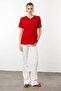Women's Red T-Shirt Open Collar Embroidery Embroidered - 5