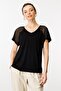 Women's V-Neck Shoulders Stone Printed Combed Cotton T-Shirt Black - 5