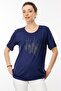 Women's Crew Neck Stone Printed Combed Cotton T-Shirt Navy Blue