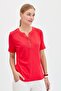 Women's Shoulder and Collar Edge Embroidered Cotton T-shirt Red - 5
