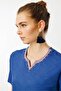 Women's T-Shirt with Slit Collar and Embroidery, Indigo - 2