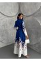 Atlas Fabric Floral Patterned Shirt Collar Button Detailed Blue Dress (Belt Included)-2501 - 5