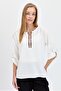 Women's Open Collar Collar Ethnic Embroidered Shirt Ecru - 6