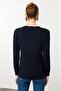 Women's V-Neck Ribbed Knitwear Blouse Navy Blue - 3
