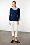 Women's Crew Neck Collar Embroidered Cotton Blouse Navy Blue - 5